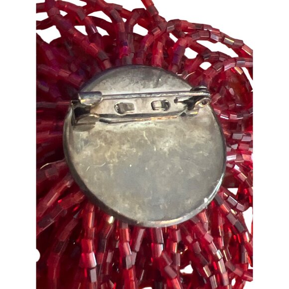 Vintage Red Seed Bead Flower Pin Brooch Large Floral Statement Estate 3.5" - Picture 4 of 5